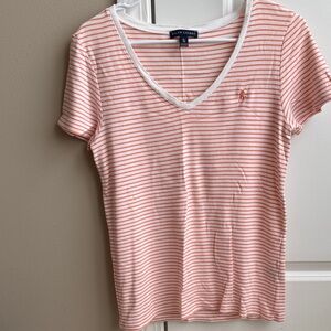 Ralph Lauren Women's Coral Striped V-Neck Tee
